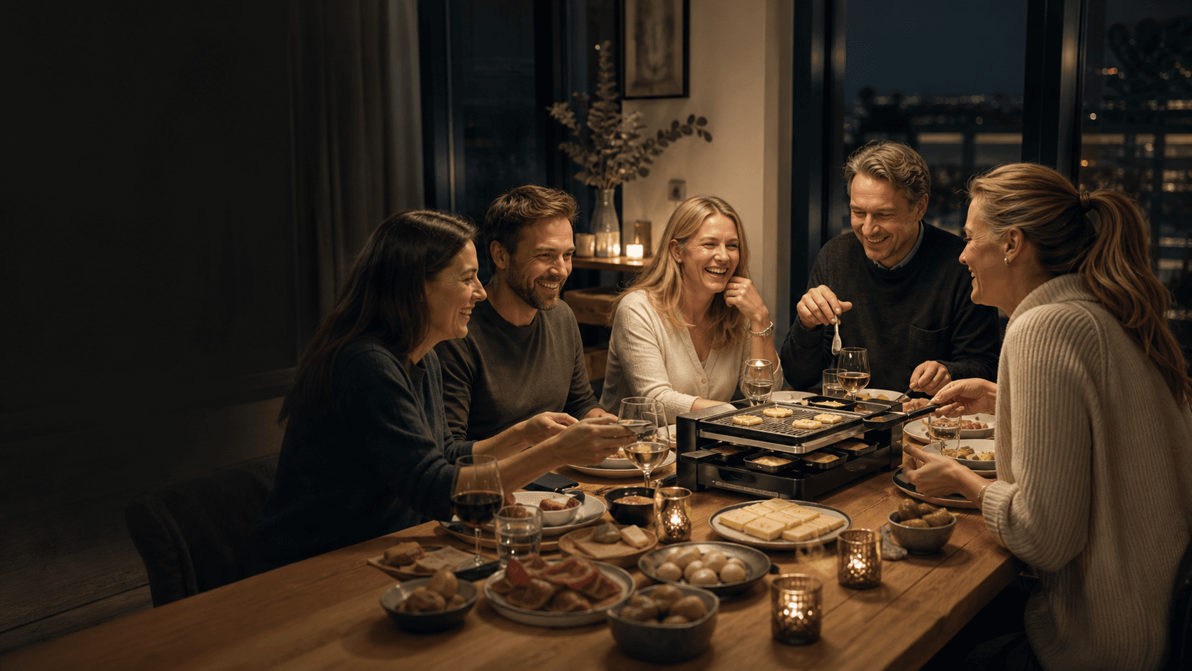 Fünf Freunde genießen gemeinsam einen Raclette-Abend