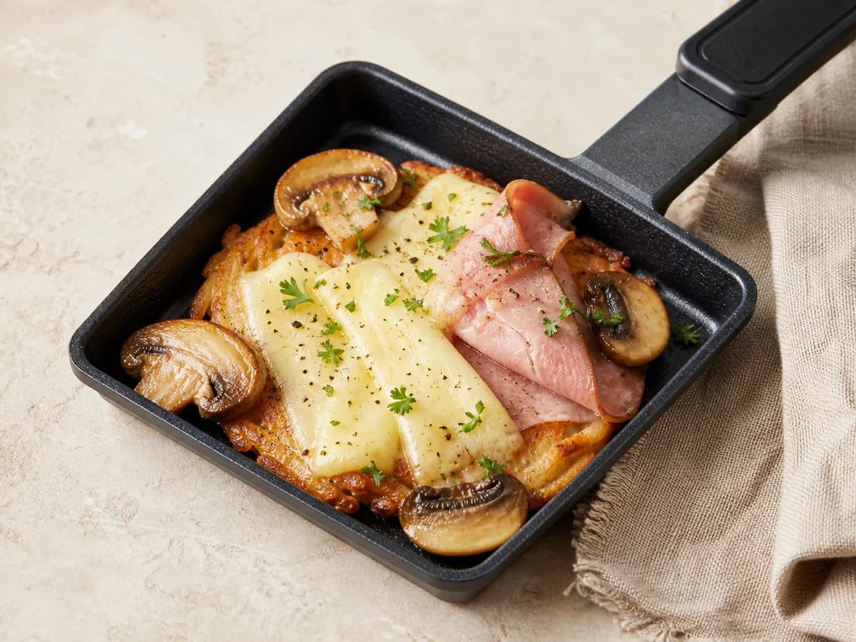 Schweizer Alpen-Pfännchen frisch zubereitet im Raclette-Pfännchen
