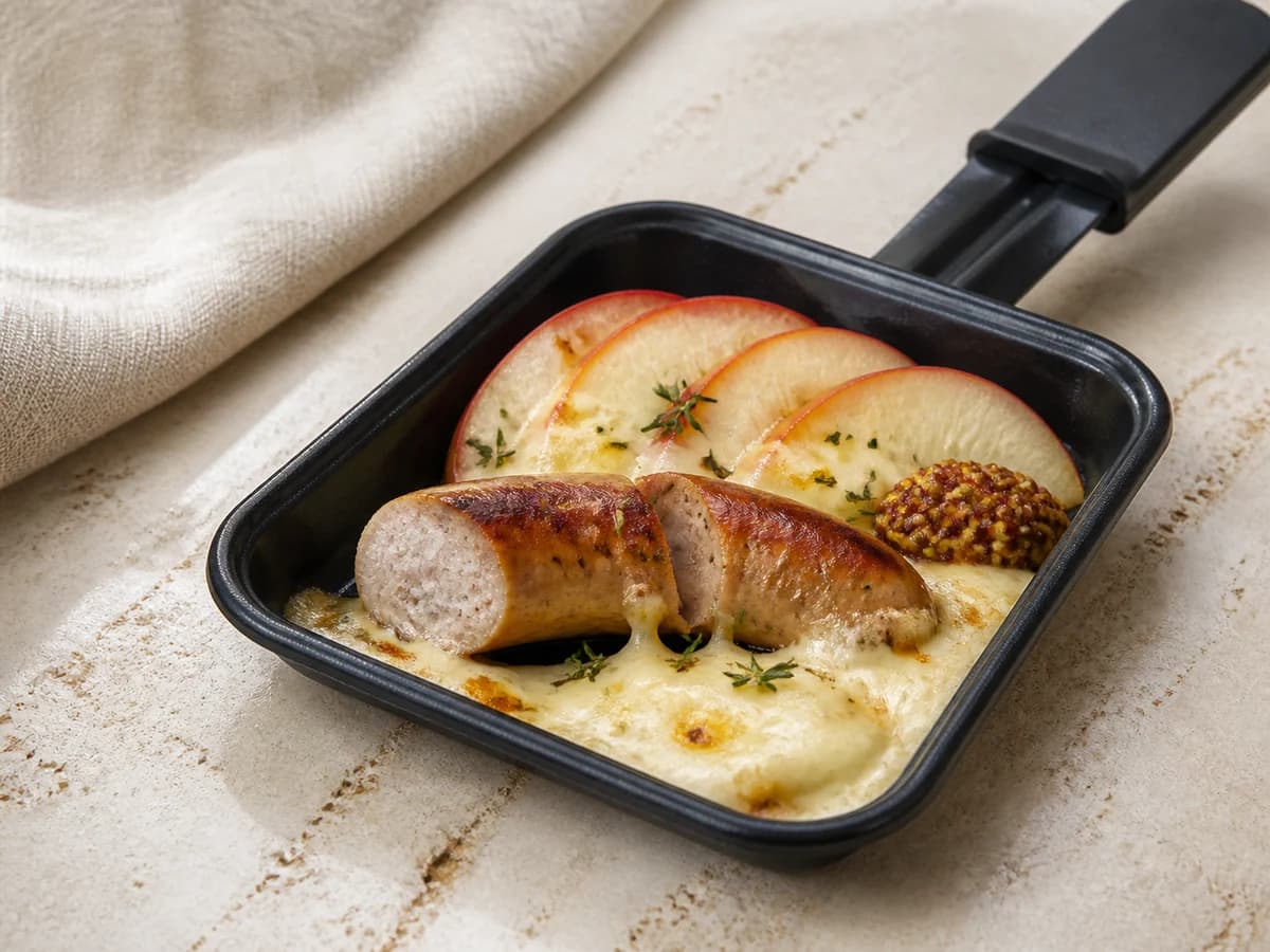 Leberkäse-Raclette frisch zubereitet im Raclette-Pfännchen