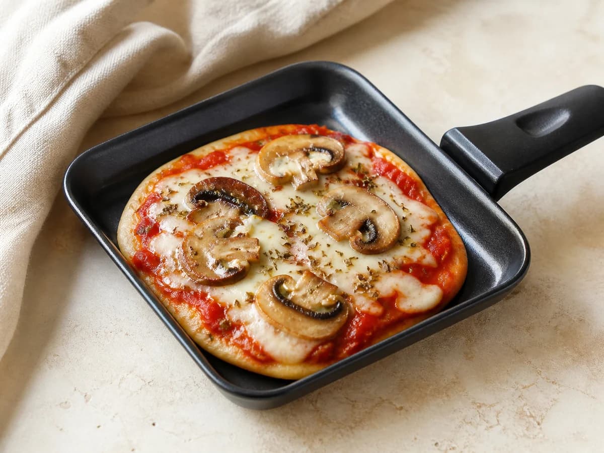 Pizza Funghi frisch zubereitet im Raclette-Pfännchen