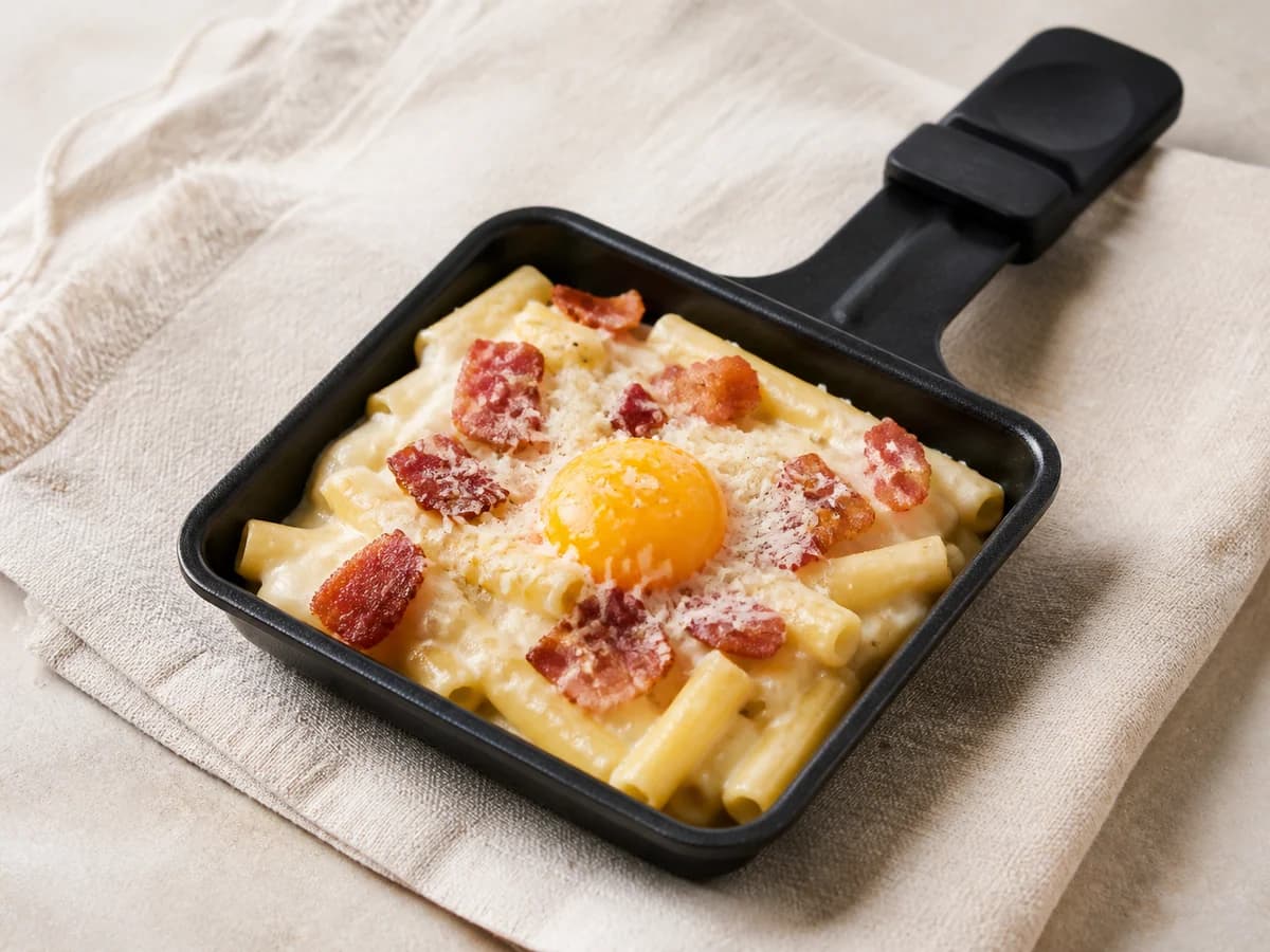 Carbonara-Pfännchen frisch zubereitet im Raclette-Pfännchen