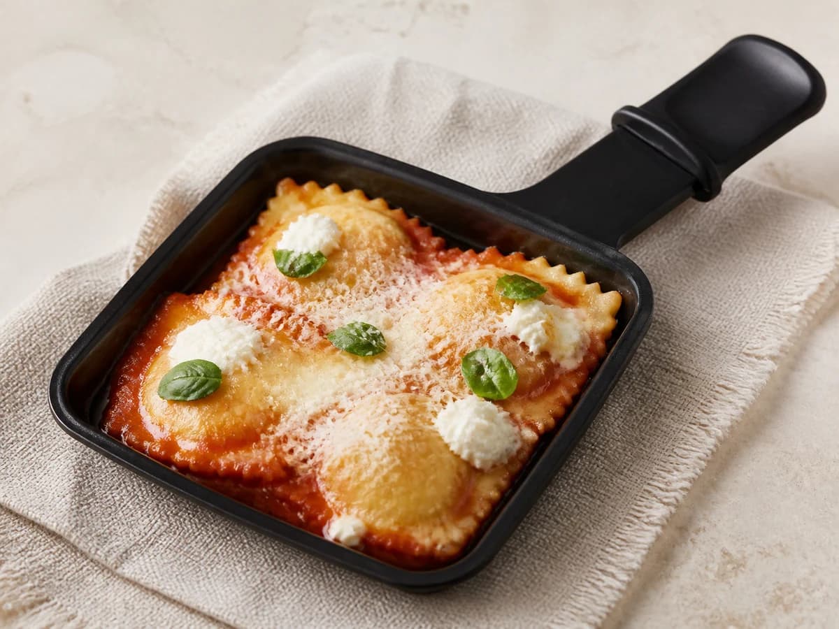 Ravioli-Raclette frisch zubereitet im Raclette-Pfännchen