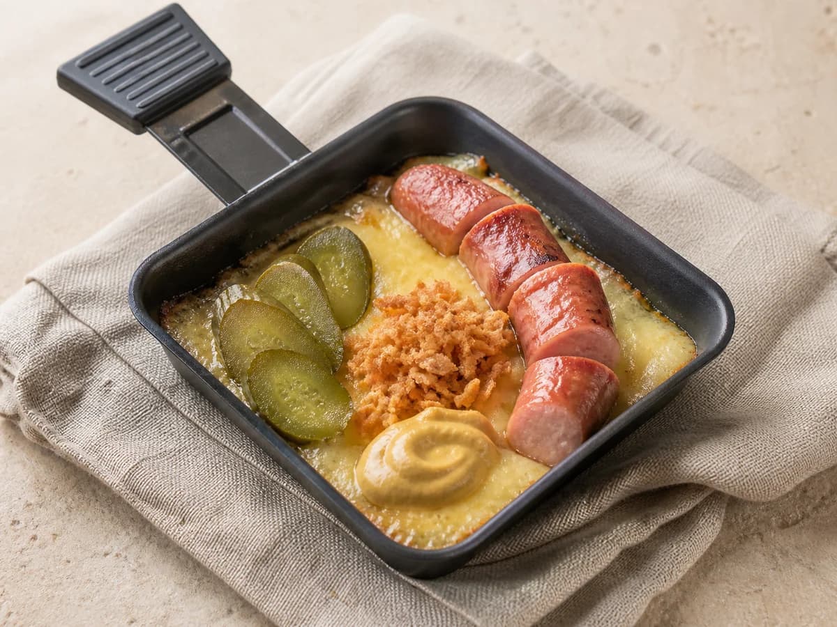 Hotdog-Raclette frisch zubereitet im Raclette-Pfännchen