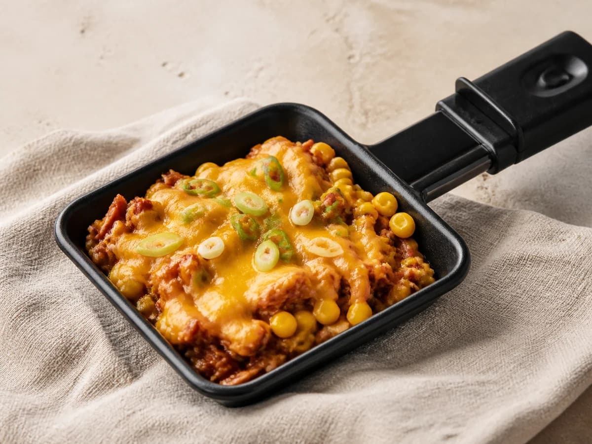 Pulled-Pork-Pfännchen frisch zubereitet im Raclette-Pfännchen
