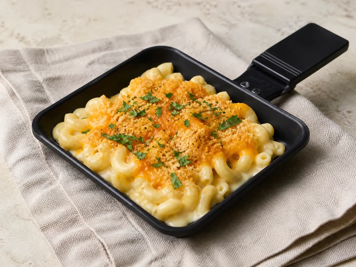 Mac-and-Cheese-Raclette frisch zubereitet im Raclette-Pfännchen