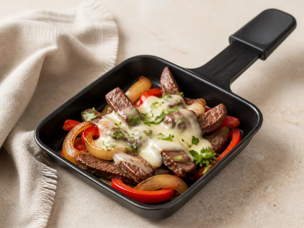 Philly-Cheesesteak-Raclette frisch zubereitet im Raclette-Pfännchen