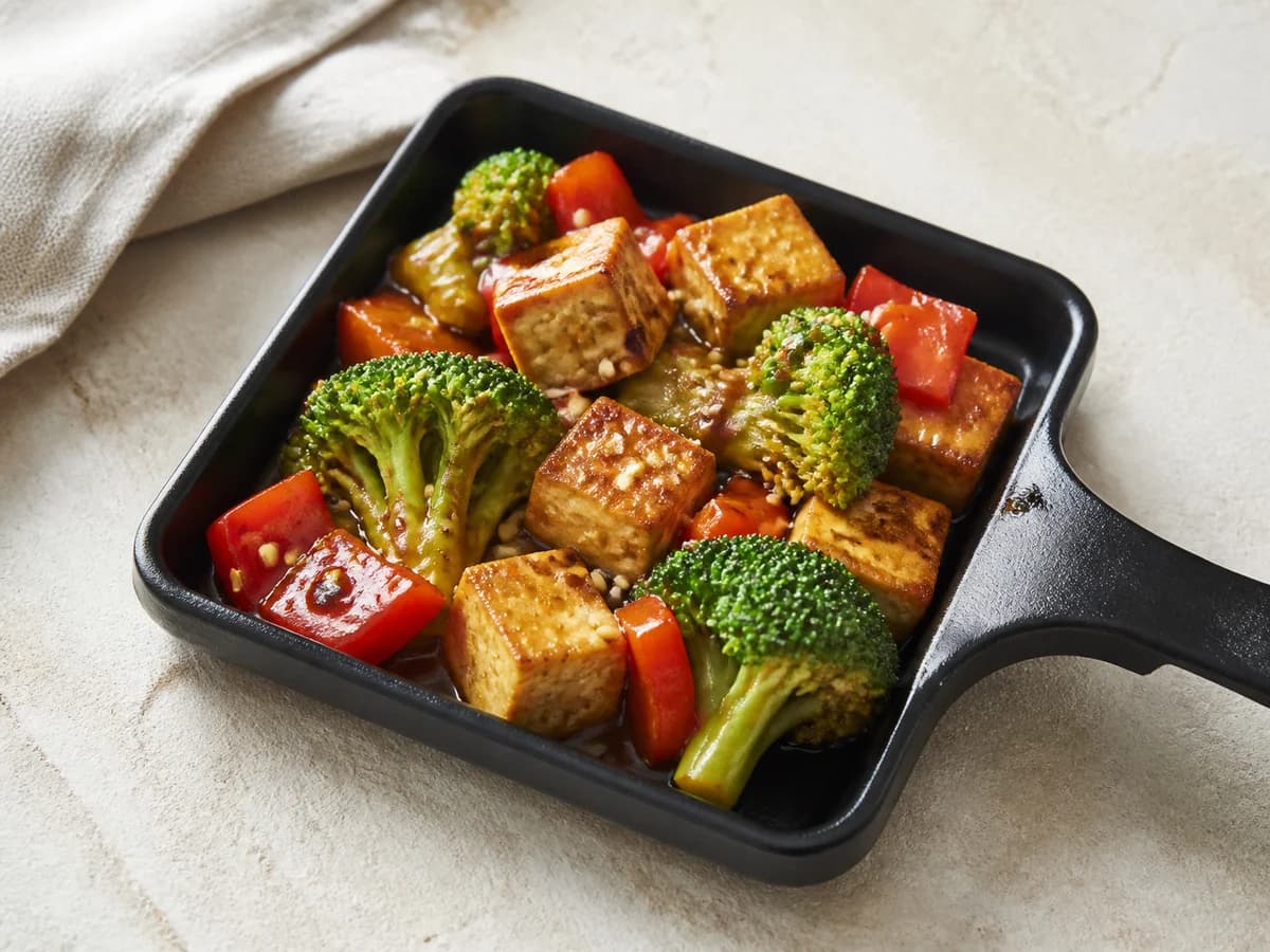 Tofu-Teriyaki-Pfännchen frisch zubereitet im Raclette-Pfännchen