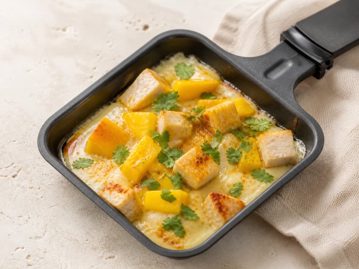 Mango-Curry-Raclette frisch zubereitet im Raclette-Pfännchen