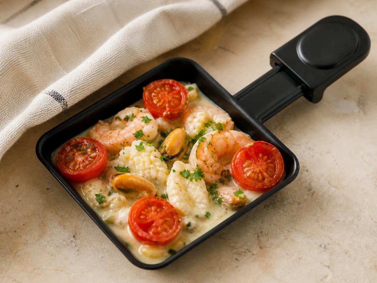 Meeresfrüchte-Pfännchen frisch zubereitet im Raclette-Pfännchen
