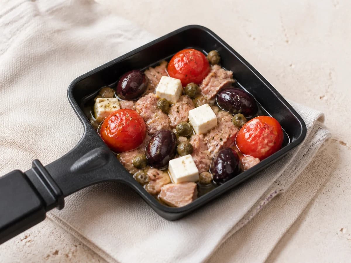 Mediterraner Thunfisch frisch zubereitet im Raclette-Pfännchen