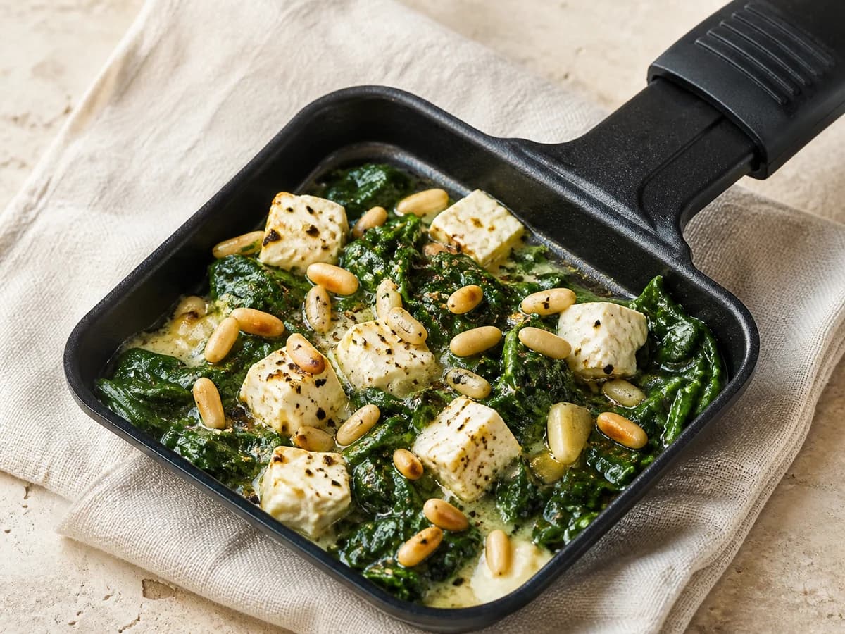 Spinat-Feta-Pfännchen frisch zubereitet im Raclette-Pfännchen