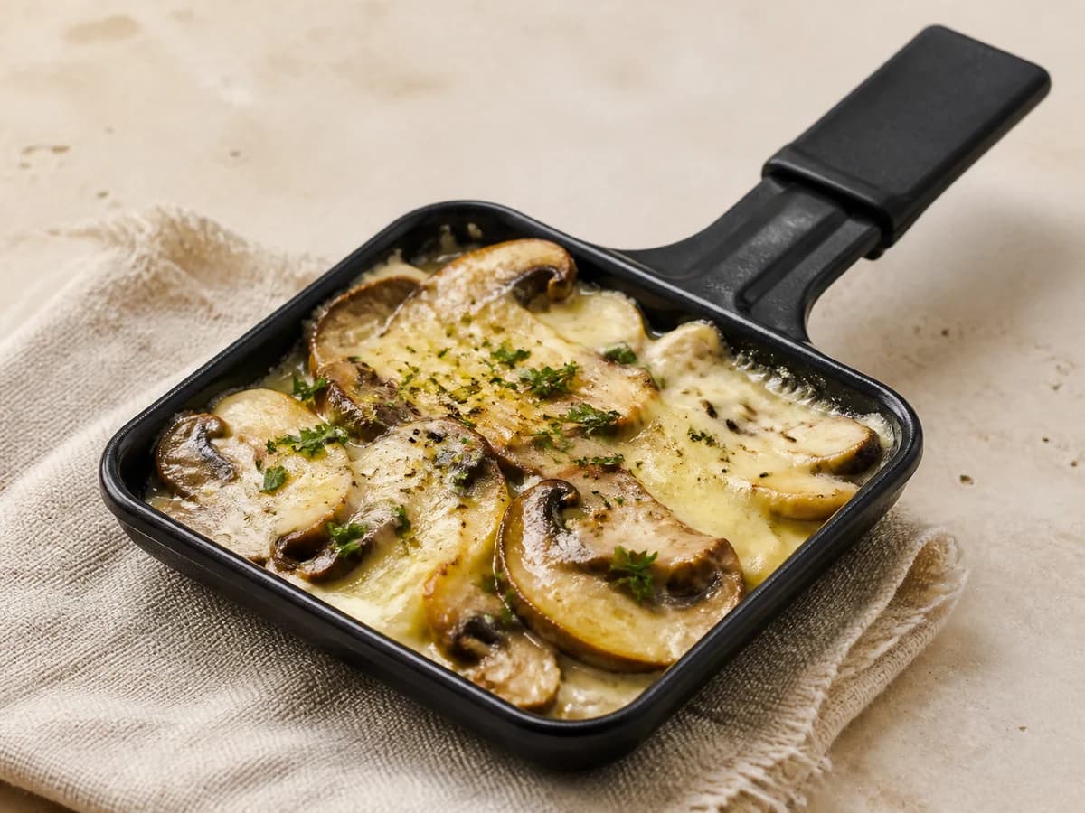 Pilzrahm-Raclette frisch zubereitet im Raclette-Pfännchen