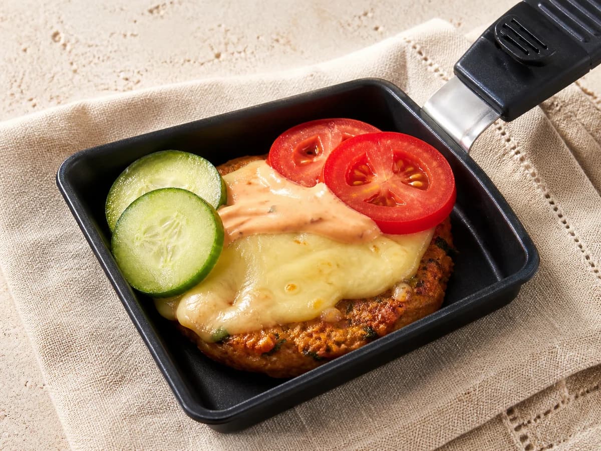 Veggie-Burger-Pfännchen frisch zubereitet im Raclette-Pfännchen
