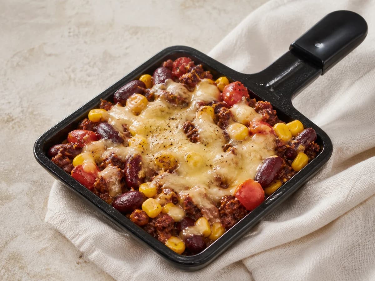 Veganes Chili-Pfännchen frisch zubereitet im Raclette-Pfännchen