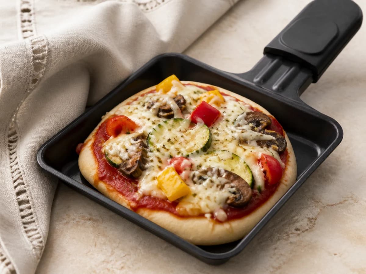 Vegane Pizza frisch zubereitet im Raclette-Pfännchen