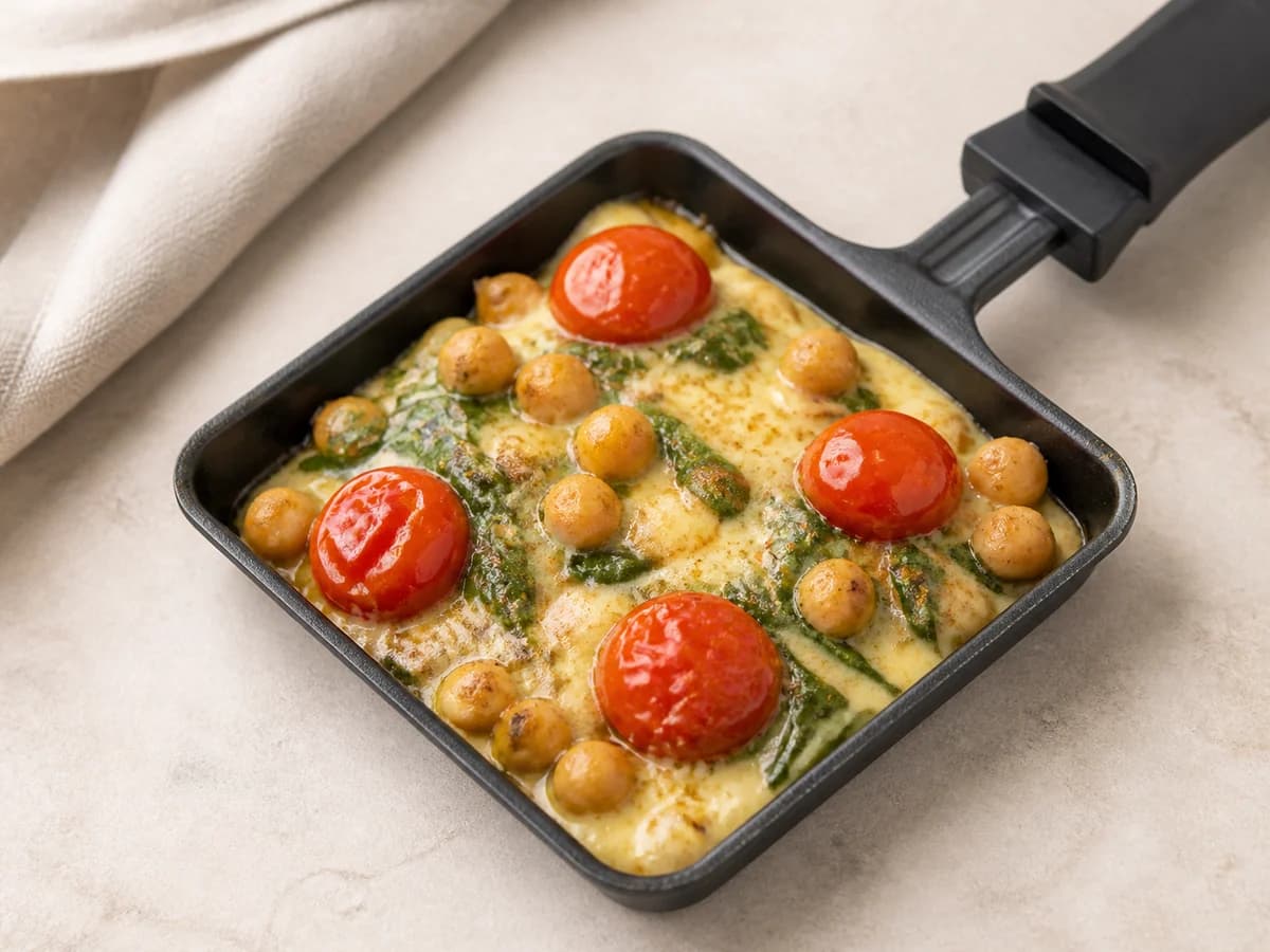 Curry-Kichererbsen-Raclette frisch zubereitet im Raclette-Pfännchen