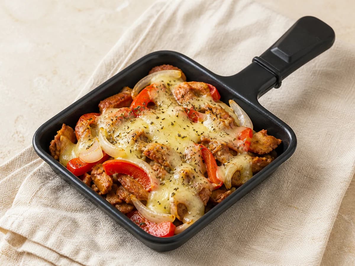Veganes Gyros-Raclette frisch zubereitet im Raclette-Pfännchen