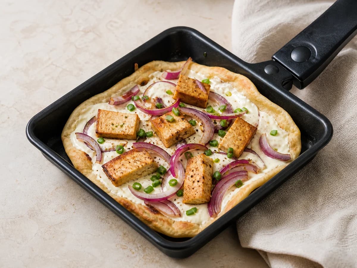 Veganer Flammkuchen frisch zubereitet im Raclette-Pfännchen