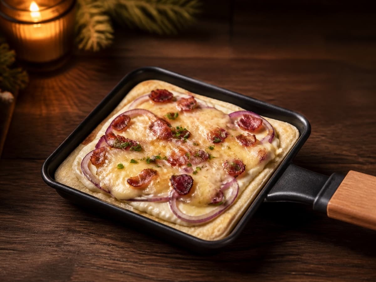 Flammkuchen-Pfännchen in einem kleinen Raclette-Pfännchen