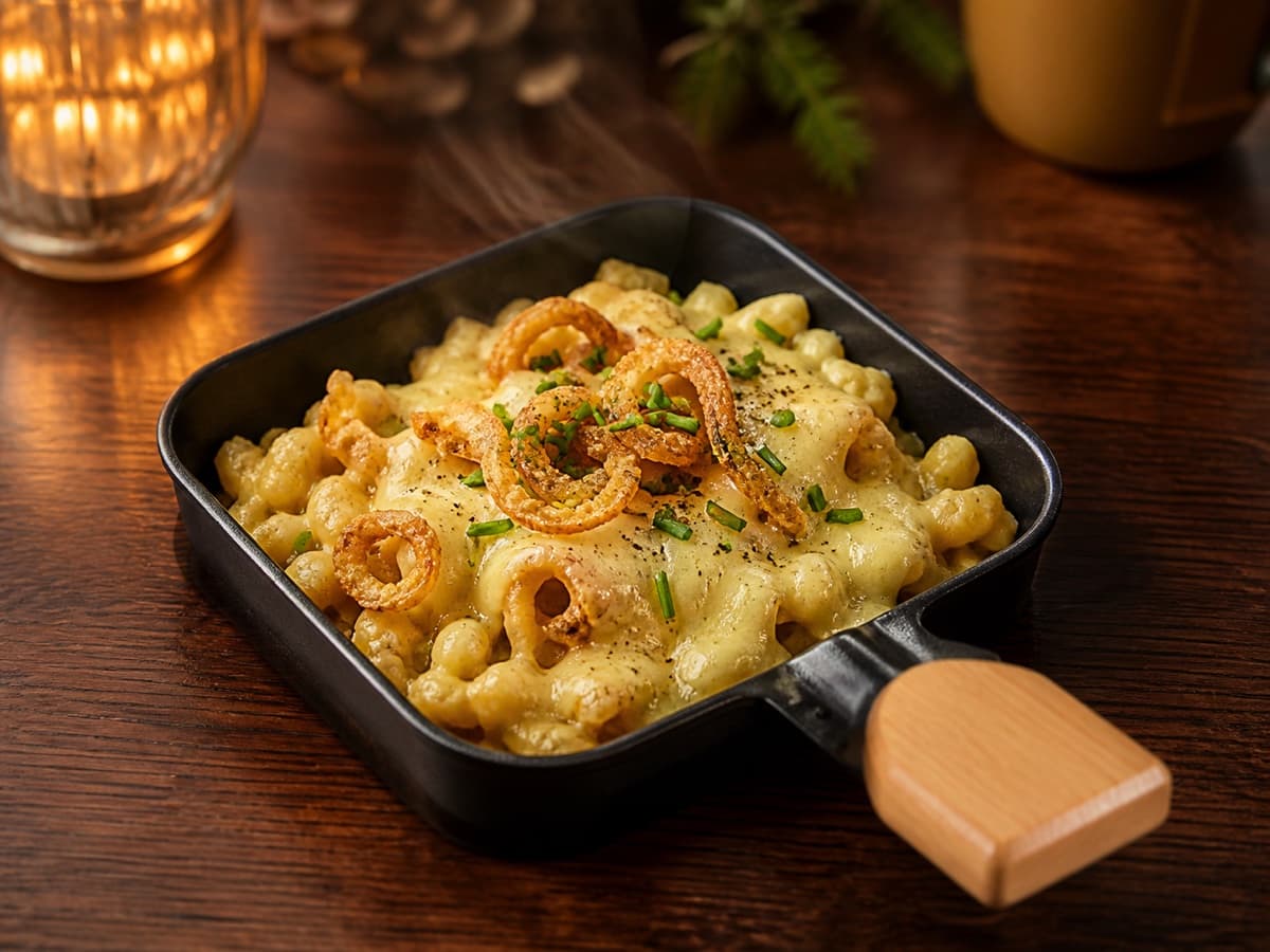 Käsespätzle Deluxe in einem kleinen Raclette-Pfännchen