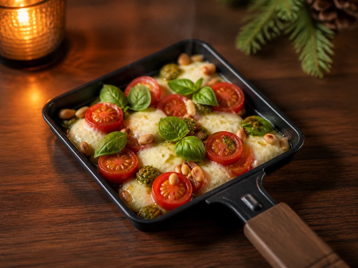 Caprese mit Pesto in einem kleinen Raclette-Pfännchen