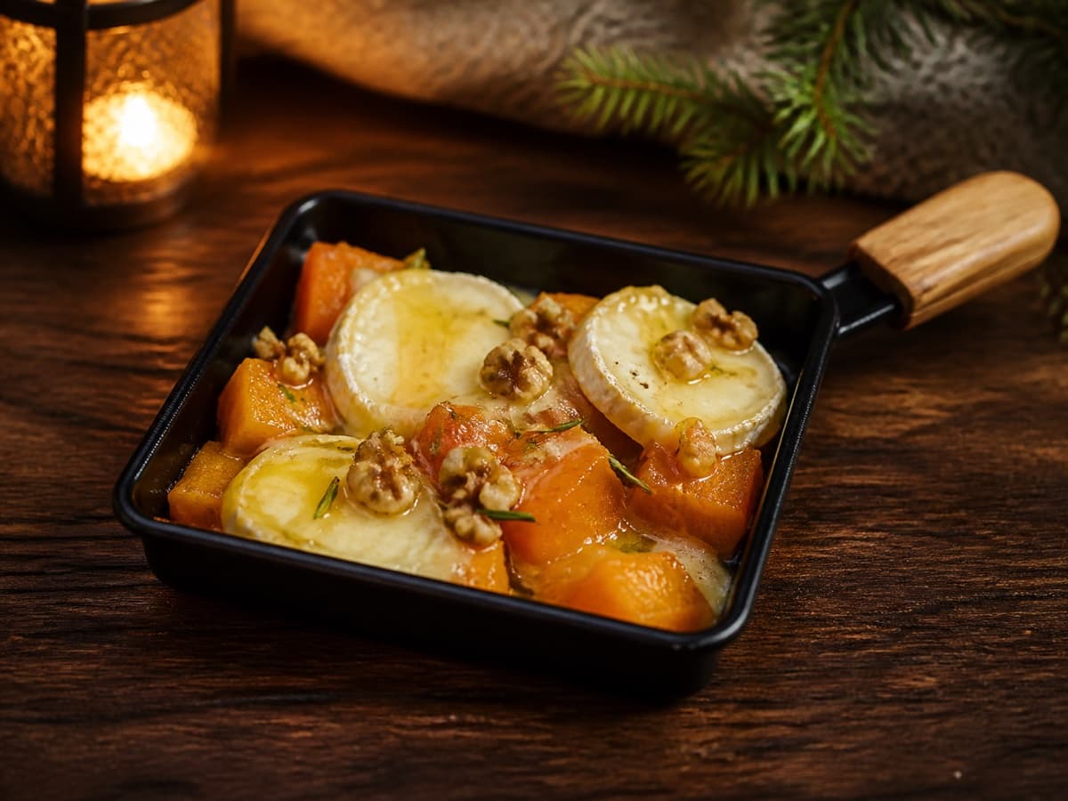 Kürbis, Ziege & Honig in einem kleinen Raclette-Pfännchen