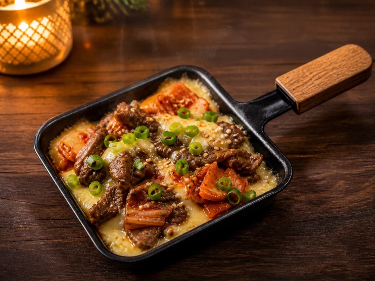 Seoul Cheese Melt in einem kleinen Raclette-Pfännchen