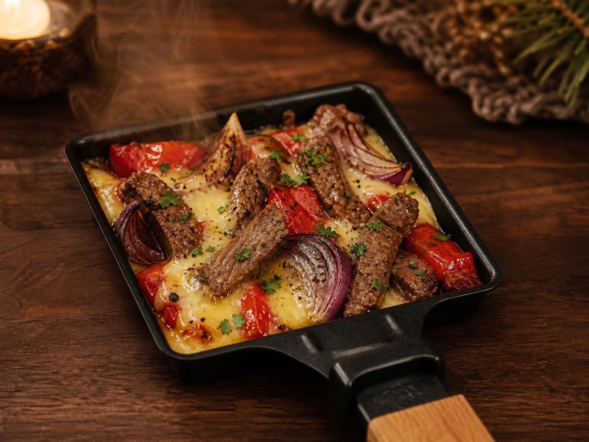 Steakhouse-Pfännchen in einem kleinen Raclette-Pfännchen