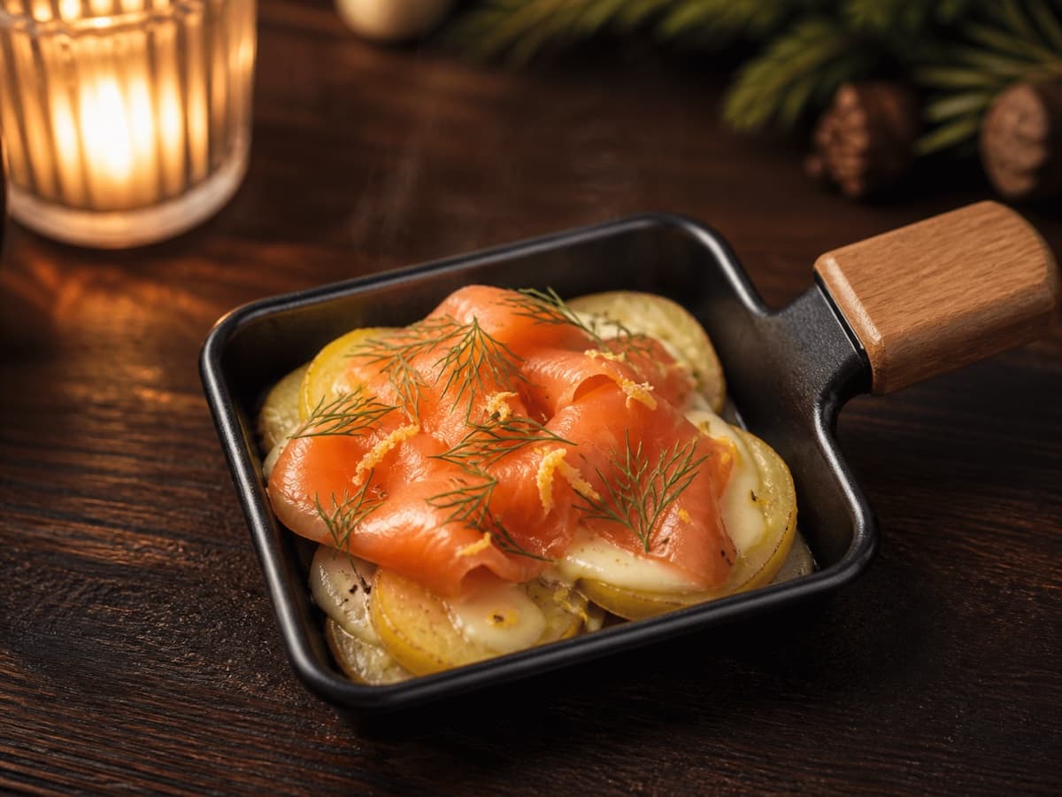 Lachs, Dill & Zitrone in einem kleinen Raclette-Pfännchen