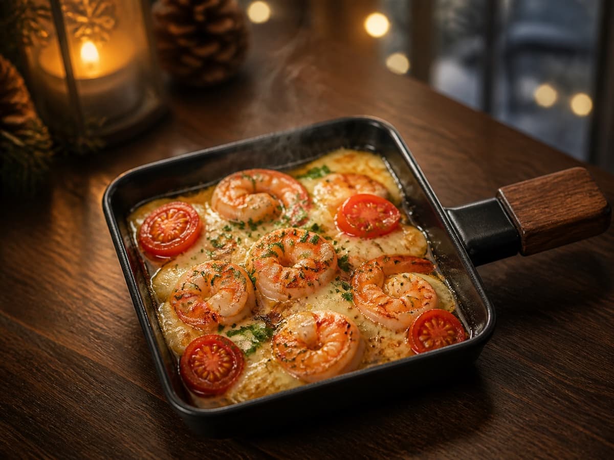 Garnelen in Knoblauchbutter in einem kleinen Raclette-Pfännchen