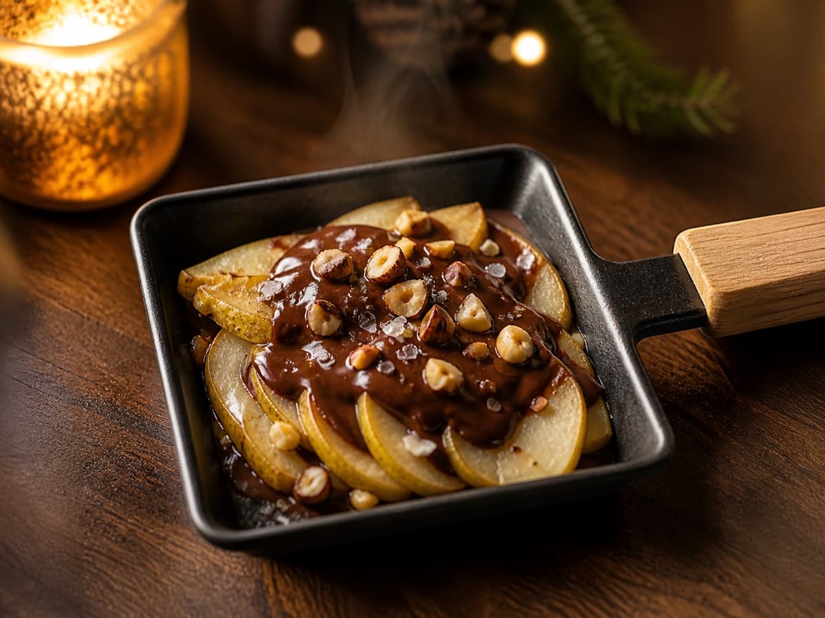 Birne & Schokolade in einem kleinen Raclette-Pfännchen