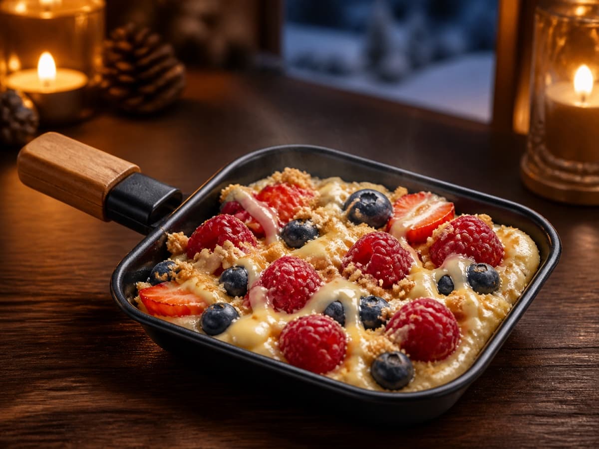 Beeren-Cheesecake in einem kleinen Raclette-Pfännchen